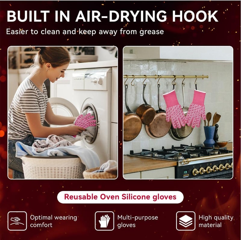 HandLove BBQ Gloves, Oven Gloves with Fingers – Heat Resistant Gloves for Grilling | Silicone Grip, Long Cuff Mitts - Kitchen & Outdoor Barbecue, Cooking, Baking, Pink S - Image 4
